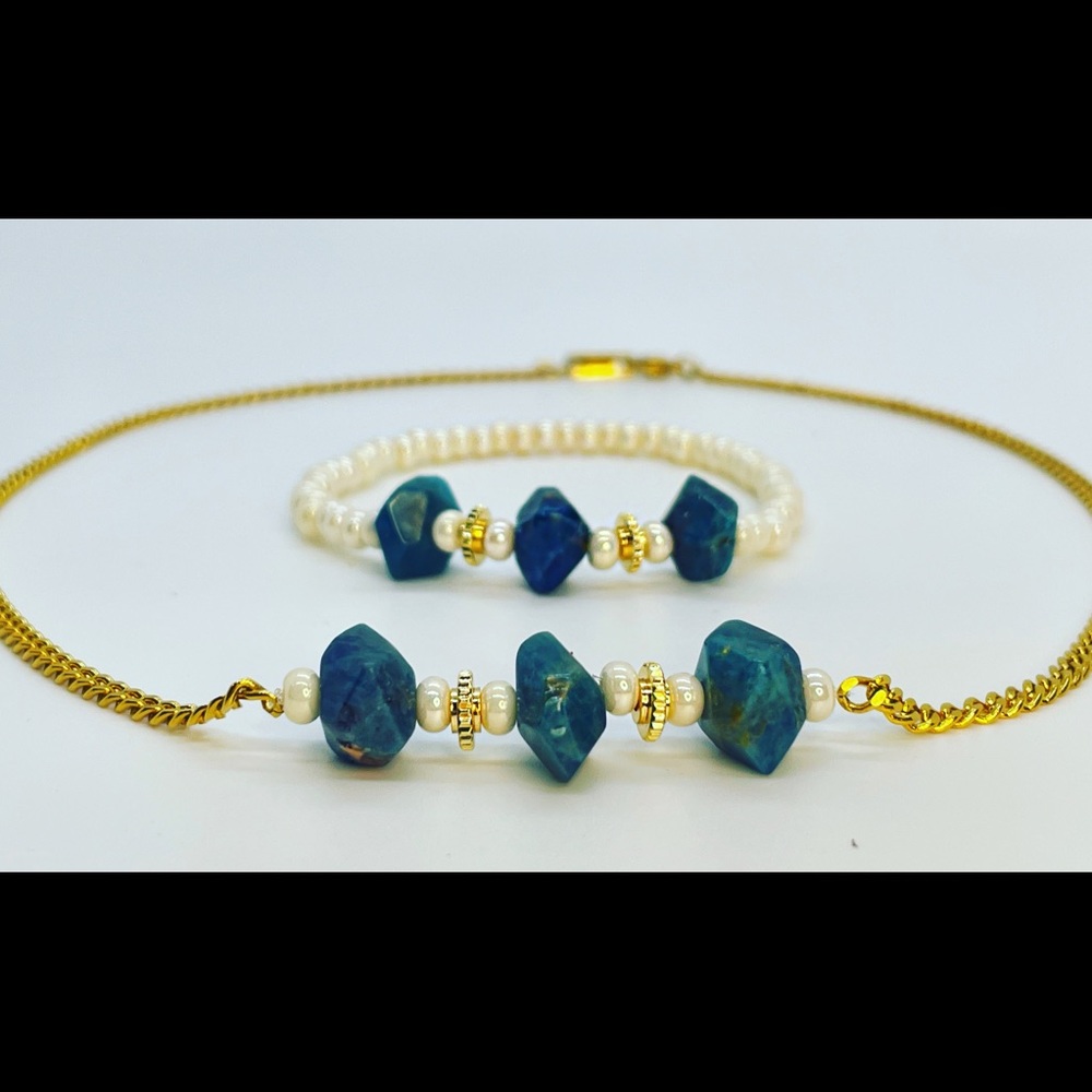 Handmade blue apatite gemstone necklace with high quality gold plated chain